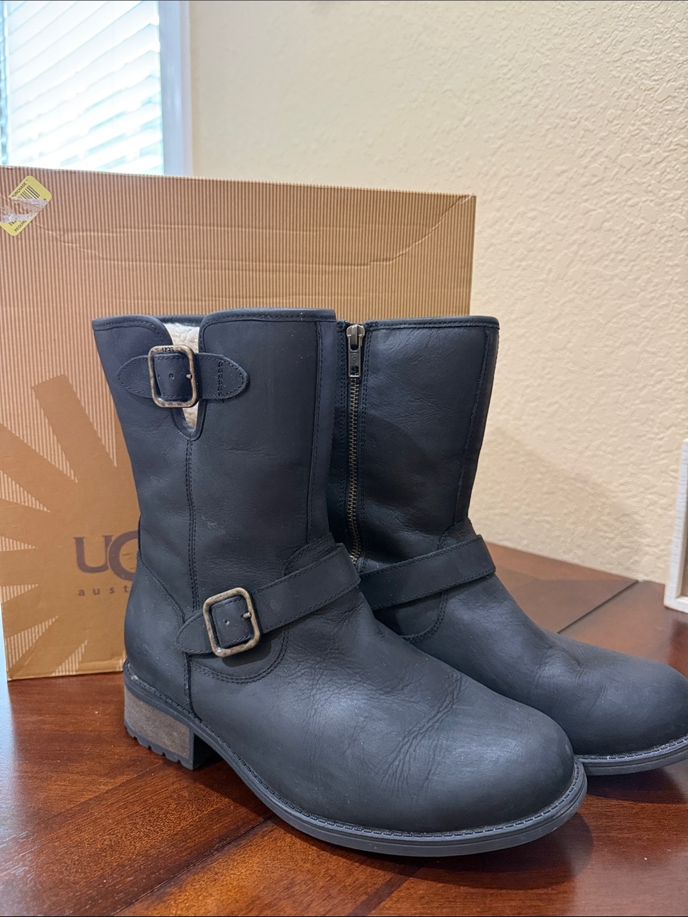 UGG Chaney Black Leather Mid Calf Buckle Moto Boots Low Chunk Heels Womens